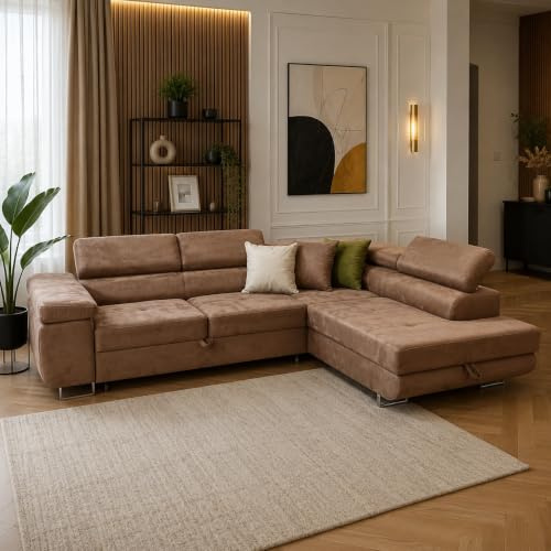 KMK GNYCH Sofa Aston 275x202x90 cm, Schlaffunktion, Hellbraun, Rechts | L-Form Ecksofa, Modern Couch mit Bettkasten, Weiches Sofa fürs Wohnzimmer, Schlafsofa, Eleganter Monolith Stoff