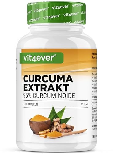 vit4ever Extracto de Cúrcuma - 180 Cápsulas - 500 mg de Curcuminoides | 95% de Curcumina - Con Cúrcuma Ecológica en Polvo y Extracto de Pimienta Negra (Piperina) - Alta dosis - Vegano