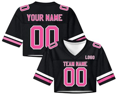 Maillot de Football Américain Personnalisés Nom et Numéro pour Femmes, Crop Top Oversize Y2K Streetwear pour Filles, Haut Court à Manches Courtes et Encolure en V, Tenue de Pom-Pom Girl