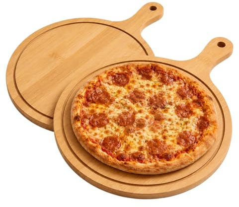 BYZESTY Lot de 2 Assiettes à Pizza en Bois de Bambou 30cm, Assiette à pizza, Planche à pizza avec Poignée, Planche à Découper pour Pizza, Foccacia ou Pain, Accessoires de Cuisine