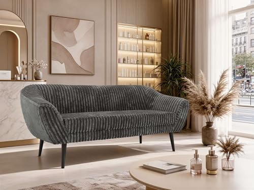MKS MEBLE Sofa PIRS 3-Sitzer - Skandinavisches Design Couch, Gesteppte Polsterung, Wellenfederung, bequemes Polstersofa für Wohnzimmer - Schwarze Beine, Dunkelgrau Cord