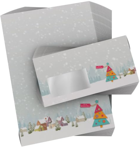Weihnachtsbriefpapier-Set 100 Blatt A4 + 100 Kuverts mit Fenster | Buntes Tannenbäumchen | 90g/m² | DIN LANG-Kuverts | Laser/Ink/Copy/Hand | Made in Germany | inkl. Textvorlagen-Download