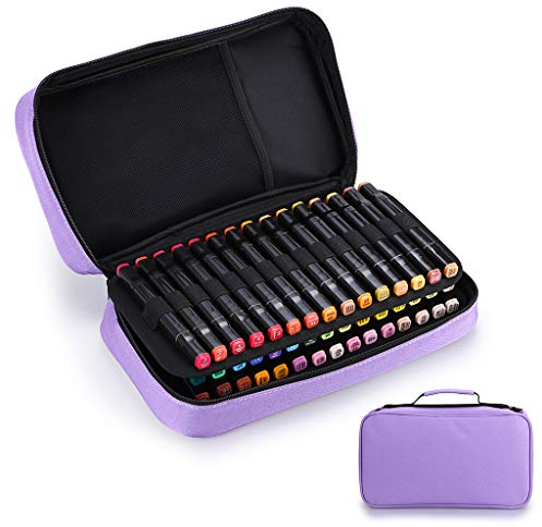 BTSKY Art Marker Carrying Case Lipstick Organizer-60 Slots Canvas Zippered Markers Storage for Copic Prismacolor Touch Spectrum Noir Paint Sharpie Markers, Empty Wallet Only (Purple)