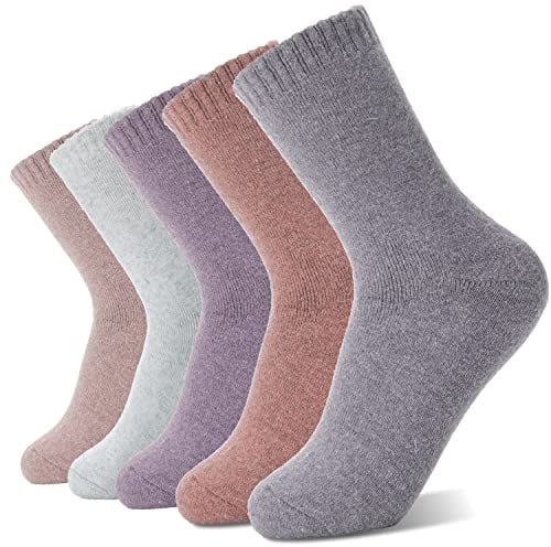 Sandsuced Womens Merino Wool Thermal Socks Warm Winter Cozy Long Heavy Comfy Socks for Ladies Mum Stocking Fillers Women Gifts Thick Crew Work Soft Boot Socks 5 Pairs(Solid Color F)
