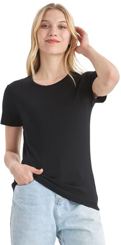 Merino Protect 100% Merino Wool T-Shirt Women Crew Neck Tops Short Sleeve Base Layers for Travel Hiking Tee Black