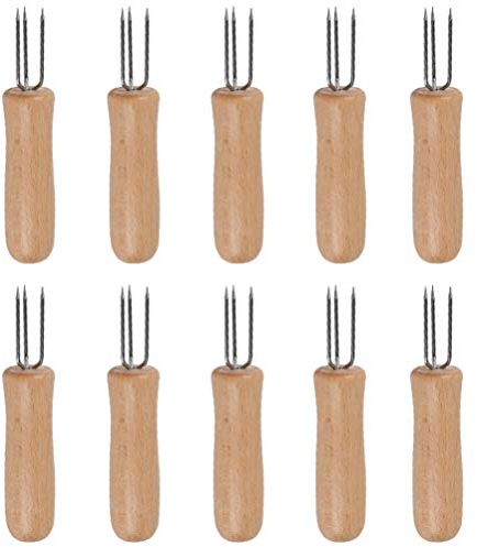 Cabilock 10 Pièces Fourche à Maïs Porte-épis en Métal Fourchette à Dessert Aiguille Porte-maïs Doux Poignées De Maïs sur des Brochettes D'épis De Maïs en Épi Outil Manche en Chêne Extérieur