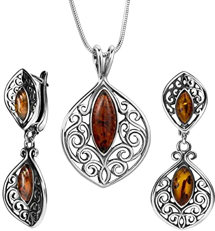 Copal Bernstein-Schmuckset Aus 925 Sterlingsilber Mit Verstellbarer Kette Und Ohrringen In Vintage Stil