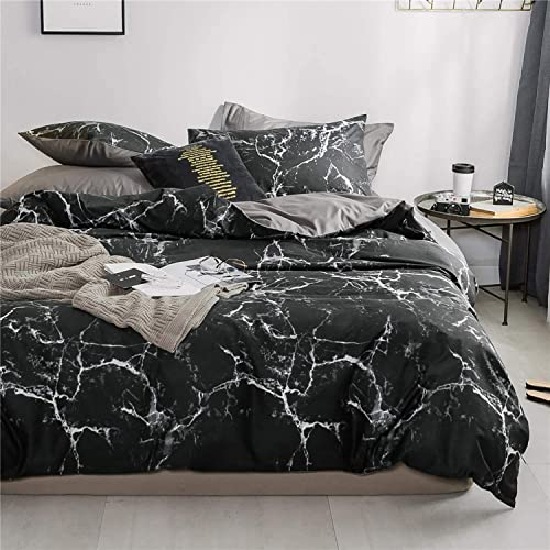 Sets de Housse de Couette 220x240 Noir Blanc Gris Marbre Motif à carreaux Adulte 2 Personnes Réversible Microfibre Modern Géométrique Parure de lit avec Fermeture éclair et 2x 65x65cm Taies d'oreiller