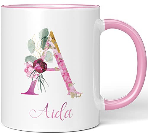 JUNIWORDS Tasse, Aida, Name Anfangsbuchstabe Initial Alphabet Floral Buchstabe A Monogramm Motiv, Rosa (5491961)