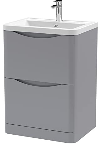 nuie LUN201A Lunar Modern Bathroom Floor Standing 2 Drawer Vanity Basin Unit with Ceramic Basin, 600mm, Satin Grey