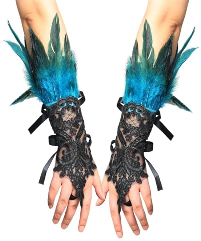 Steampunk Federmanschette Handschuhe pfau kostüm fascinator Vintage Spitze fingerlose Armkette,pfauenfeder