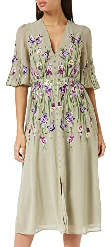 Hope & Ivy The Adelaide V Neck Button Front Maxi Dress with Contrast Floral Embroidery Sage Green