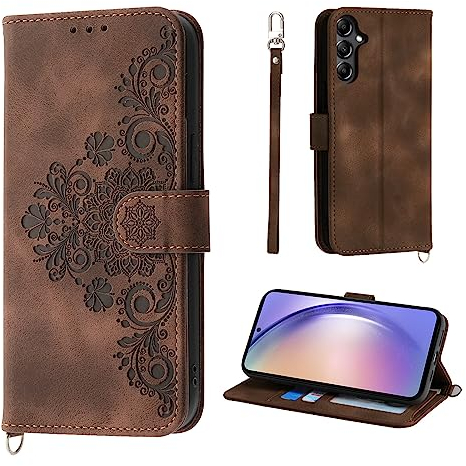 Auslbin Blumen Galaxy A54 5G Hülle (2023) 6.4, Vintage-Stil PU-Leder Schutzhülle SM-A546 Handyhülle Samsung Galaxy A54 5g Hülle, Braun