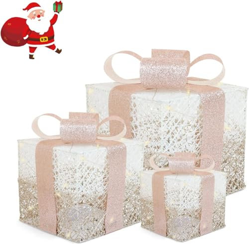 Christmas Lighted Gift Boxes with Bow, Sets of 3 Prelit Artificial Lights Up Boxes Outdoor Tinsel Boxes Christmas Tree Decorations for Indoor Holiday Decors(Champagne)