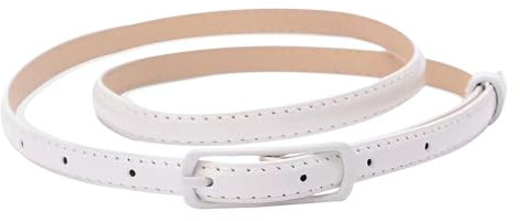 FATASH Womens Skinny PU leather Belt Glossy Finish Slim Waist Strap with Adjustable Buckle | Vintage Solid Color Ladies Fashion Waistband | Classic Retro Thin Belt for Dresses Jeans Trouser Coat White