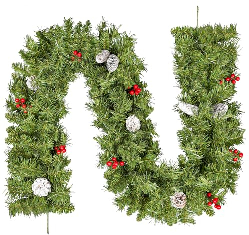 himaly 220 cm/7 ft Grün Weihnachtsgirlanden mit 10 Weiß Tannenzapfen, 10 Roten Beeren, Künstliche Weihnachtliche Rattankraze aus PVC, Hängetreppe Fenster Kamin Wand Haustür Weihnachtsdekoration