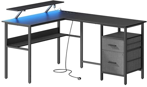 VASAGLE L-förmiger Schreibtisch mit Steckdosen, Eckschreibtisch, Computertisch, Monitorständer, Gaming-Tisch, LED-Beleuchtung, USB-Anschlüsse, 150 x 120 x 76 cm, ebenholzschwarz LWD095B01