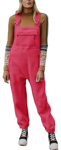 ORANDESIGNE Damen Fleece Warm Latzhose Frauen Lose Lässig Jumpsuits mit Taschen Winter Arbeitshose Overalls