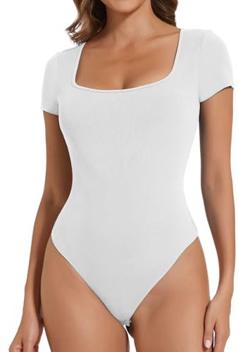 Joyshaper Body Damen Kurzarm Bodysuit Eckiger Ausschnitt Stringbody Elegant Damenbody Sommer Oberteil Tops T-shirts Weiß,L