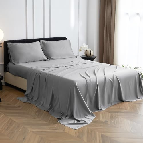 Simple&Opulence 100% Bamboo Viscose Set di Lenzuola - 1 Lenzuolo Aderente, 1 Lenzuolo Piatto con 2 Federe - 4 Pezzi di Biancheria da Letto Morbida e Setosa per la Sudorazione Notturna (Doppio, Grigio)
