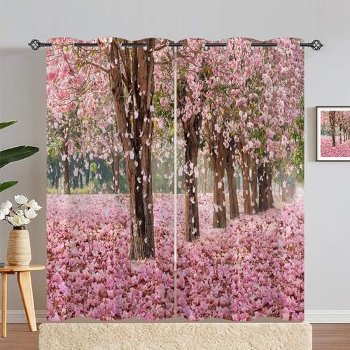 ANHOPE Rosa Blume Floral Baum Vorhänge mit Ösen Blickdichte Gardinen Thermo Vorhang Blackout Curtain Schlafzimmer Wohnzimmer Kinder Mädchen Verdunklungsvorhänge 2er Set H 229 x B 117 cm
