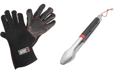 Weber 17896 Leder-Grillhandschuh, schwarz, 2 Stück (1er Pack) & 6317 Grillzange, Edelstahl, Schwarz/Silber