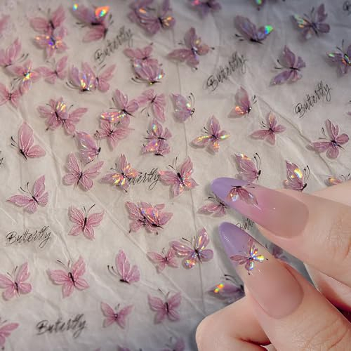 2Blätter Lila Schmetterling Nagelsticker Selbstklebend,Glänzend Muschel Licht Nageldesign Butterfly Nail Sticker Relief Butterflies Nagelaufkleber Frühling Sommer Schmetterlinge Nagel Sticker Nail Art