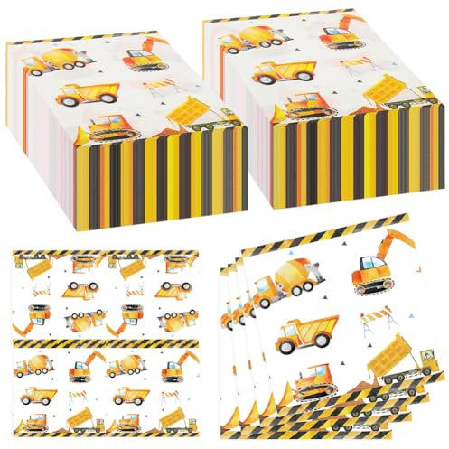 Servietten Feuerwehr, 40 Stück Servietten Bagger, 33x33CM(Erweitert) Quadratisch Bagger Servietten, Bagger Servietten Kindergeburtstag für Jungen/Mädchen Geburtstag, Einweg Servietten