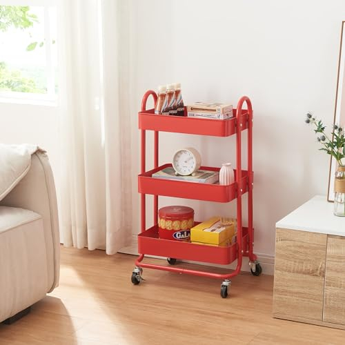 [en.casa] Carro de Servicio con 3 Cestas con Base de Malla Metálica Estantería de Baño con 4 Ruedas Carrito de Cocina Multiusos Versátil Resistente Acero 79 x 46 x 35 cm - Rojo