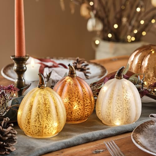 Lights4fun 3er Set LED Kürbis Glas Batteriebetrieb Timer Halloween Deko Innen Herbst Dekoration Kürbis