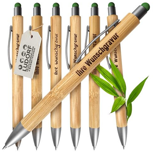 #teamludorf - 50x Bambus Kugelschreiber mit Touchfunktion mit Lasergravur, Umweltfreundlich, Blaue Mine - Ideal für Werbegeschenke Personalisierbar, Farbe: Grün