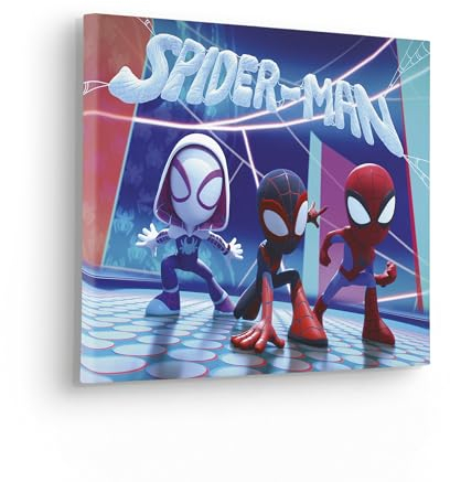 Komar Keilrahmenbild - Spidey and His Amazing Friends Glowy Spideys - Größe 60 x 40 cm- Leinwandbild, Bild, Kinderzimmer, Marvel, Blau,rot,lila