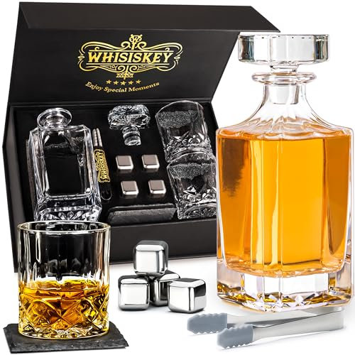 WHISISKEY Carafe Whisky - Carafe à Whisky - 700ML - Coffret Cadeau Homme - Coffret Whisky Luxueux - Idee Noel - Decanter avec 2 Verre à Whisky, 4 Pierre a Whisky, Whiskey Accessories