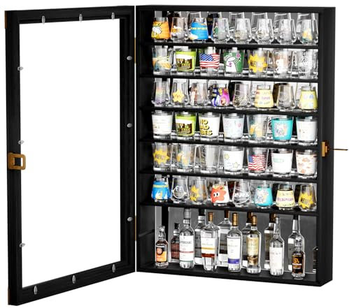Tcatec Schnapsglasvitrine mit abnehmbaren Regalen, Schnapsglasregal aus Holz mit eingebautem Mirro, Wandmontage, Barschrank, Schnapsglasregal, Schwarz