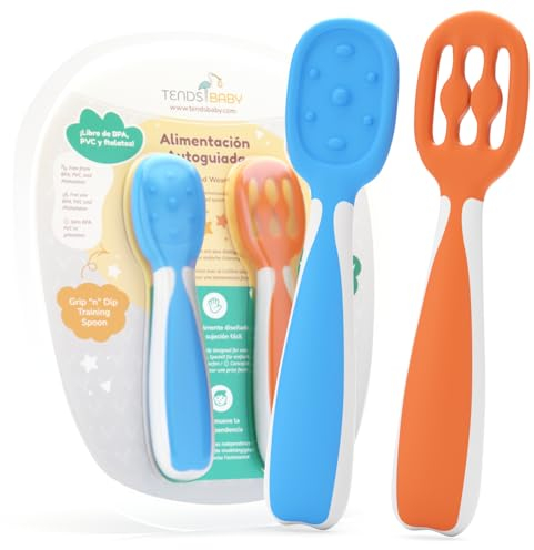 Cuchara bebe aprendizaje en 2 etapas para vajilla bebe-Juego de cubiertos bebe con 2 precucharas bebe blw de silicona-Recomendada por nutricionistas y Expertos Baby Led Weaning-Alimentacion autoguiada