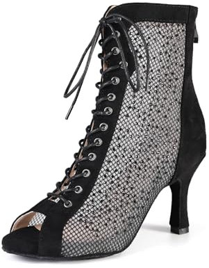 HROYL Botas de Baile Latino Mujer Punta Abierta Botas de Baile Tobillo para Salsa Bachata Tango Práctica Performance de Salon DS7180-Negro-8.5-S, 38 EU