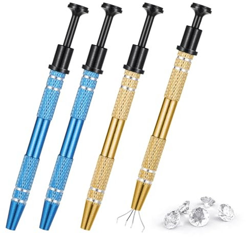 Bewudy 4Pcs Piercing Ball Grabber Tool, 4 Prongs Jeweler's Pick Up Tool, Stainless Steel Diamond Claw Tweezers Pearl Grabber for Tiny Objects IC Chips Electronic Components(Blue and Gold)