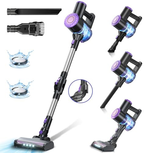 Aspirapolvere senza fili con asta pieghevole a 180°, aspirapolvere wireless ricaricabile, 6 in 1, leggero con aspirazione potente, per peli di animali domestici, pavimento in legno duro (viola)