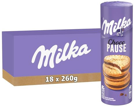 MILKA - Choco Pause - Lot de 18 Rouleaux de Choco Pause - Biscuits Fourrés au Chocolat au Lait Milka - Biscuits Gourmands et Croustillants - Idéal pour le Goûter des Enfants - Lot de 18x260g