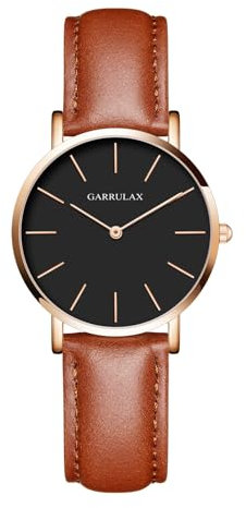 Garrulax Damen ultradünnes Gehäuse Analoge Quarzuhr Armbanduhren 36MM(Gold, Schwarze Oberfläche und braunes Leder)