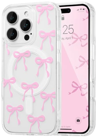 UEEBAI Magnetisch Hülle für iPhone 15 Pro, Rosa | Schleife Transparente Handyhülle mit Kabelloses Laden, Kameraschutz Anti-Vergilbung Schutzhülle, Stoßfeste Bumper Cover Case