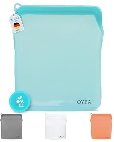 OYEA - Silikonbeutel Wiederverwendbar, 1960ml- Aqua - Silikon Gefrierbeutel, Hitzebeständiger & Auslaufsicherer Frischhaltebeutel, Wiederverschließbar Zip Beutel und Snack Bag