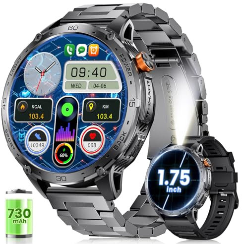 ESFOE Orologio Smartwatch Uomo con 730 mAh Batteria Torcia LED, 1,75'' Smart Watch Uomo con 110+ Modalità Sport, Impermeabile 5ATM Smartwatch Militare con Frequenza Cardiaca 24/7, SpO2 per Android iOS