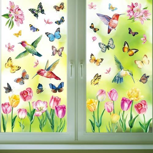 Fensterbilder Frühling Deko - 10 Bögen Blumen Fensterbilder mit Blüten und Schmetterlinge Motiv - Statisch Haftende Fensteraufkleber Selbstklebend Frühlingsdeko- Blumig Fensterdeko für Frühling Sommer
