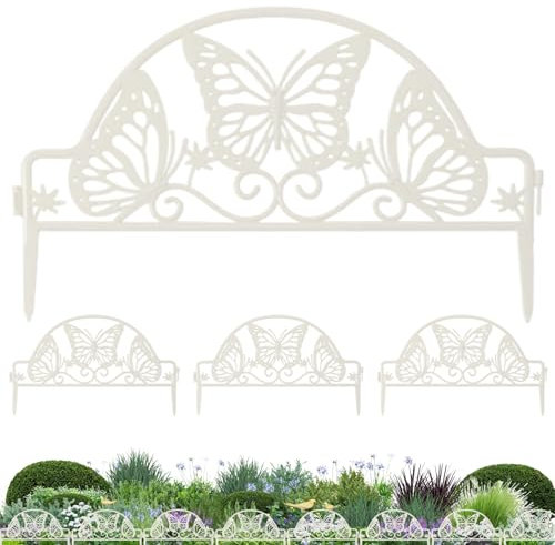 4pcs/Fester Gartenzaun, eleganter weißer Schmetterling Plastikpostenzaun Edgings Dekorative Schutzrandgrenze für Gärten, Landschaftsgestaltung, Farmen