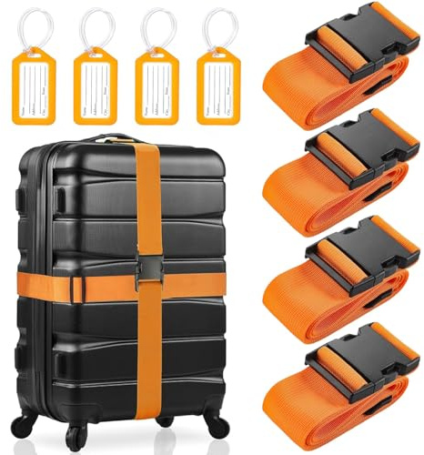 Kezidhp 4er Set Koffergurte mit 4 Gepäckanhängern - rutschfeste & Verstellbare Gepäckgurte mit Adressschild + Auffälligem Design für Schnelle Erkennung-Universell für Koffer,Reisetaschen Gepäckstücke