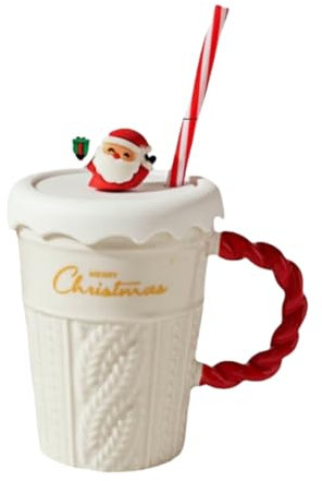HUMOCHUSON Clásico Mug Taza De Cerámica De 400 Ml Con Tapa De Árbol De Navidad De Papá Noel Y Pajita.