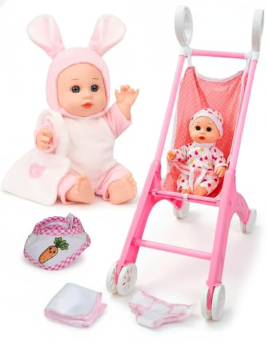 PLAYFULBAY Puppenwagen mit Puppe – Puppenbuggy ab 2 Jahren, Set mit 2 Outfits (Häschen & Schlafanzug), Windel, Lätzchen & Minitasche – Geschenkset für Rollenspiel