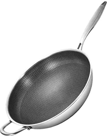Mobestech Stainless Steel Wok with Honeycomb Grain Design Double Handle Frying Pan Compatible with Induction and Electric Stoves Easy to Clean Versatile for BBQ Vegetables Meat and More