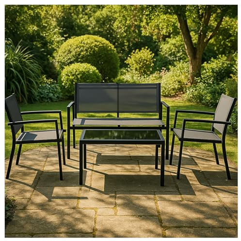 VORTIVO Gartenmöbel Set 4-teilig – wetterfeste Sitzgruppe mit Glastisch, 2 Sesseln & Sofa – UV-beständig & pflegeleicht mit PP-Gewebe – Balkon & Terrasse modern & robust